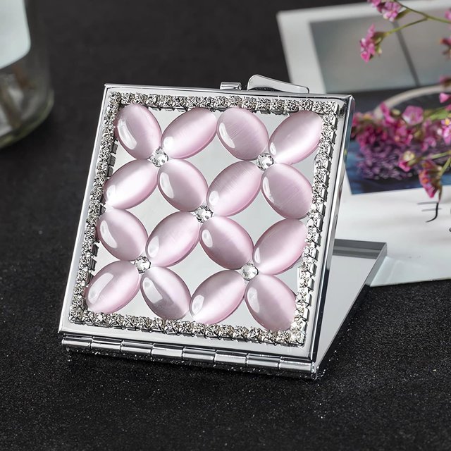 Amanman Portable Mirror Square Small Mirror for Purse Compact Mirror with Purple Cat's Eye Stone 2-Sided Mini Mirror (Purple Flower)