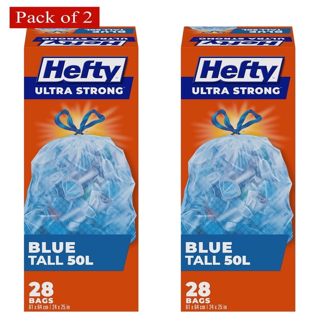 Hefty Ultra Strong Waste Bags Drawstring Blue Recycling, Tall 50L, 28 Bags (Pack of 2). Two orange boxes showcasing blue tear-resistant recycling bags with durable drawstring closures, labeled 'Blue Tall 50L' and '28 Bags,' ideal for eco-friendly waste management.
