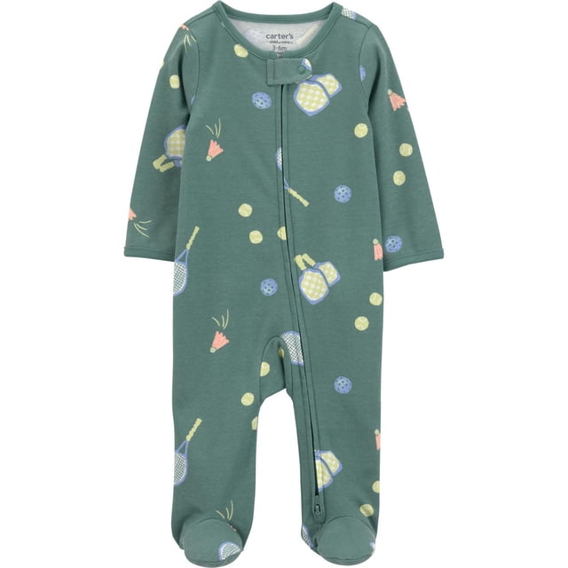 Carter's Child of Mine IB SNP Sports Bébé Dormir et Jouer 1 Pce en Vert avec Imprimé Sport Intégral de Raquettes de tennis, Balles et Volants-Navette, avec une Fermeture Éclair Bidirectionnelle et des Pieds, Fait de 100 % Coton pour Nourrissons 3-6 Mois.