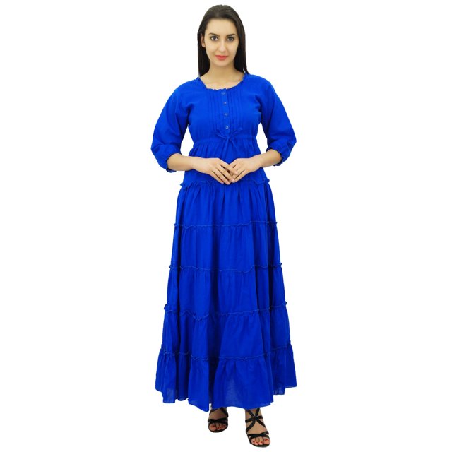 Bimba Robe Maxi d'Été en Coton à Manches 3/4 pour Femme, Taille à Cordon
