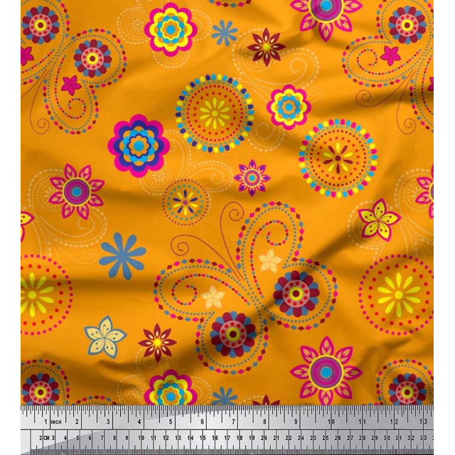 Soimoi Orange Polyester Crepe Fabric Insect & Floral Clip Art Decor Fabric Printed BTY 42 Inch Wide