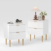 Garvee Fluted Nightstands with 2 Drawers, Modern Wood Night Stands Bedside Tables with Charging Station Set of 2, USB Ports & Outlets, Gold Accent Side Tables for Living Room