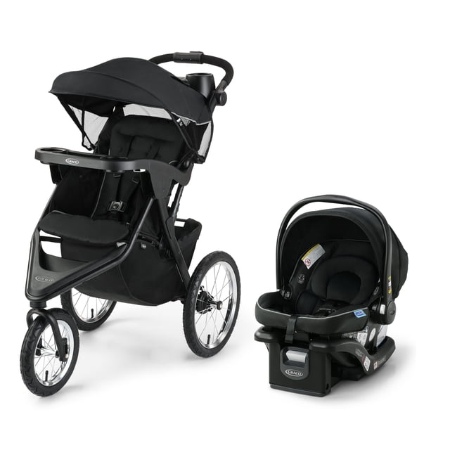 Graco Trax Jogger 2.0 Travel System, Car Seat and Stroller Combo in Gotham black, featuring an all-terrain three-wheel jogging stroller with locking front swivel wheel, air-filled rubber tires with visible suspension, large UV 50 canopy with mesh sides, parent's tray with cup holders, and multi-position reclining seat, paired with the Graco SnugRide 35 Lite LX infant car seat with carrying handle and protective canopy.