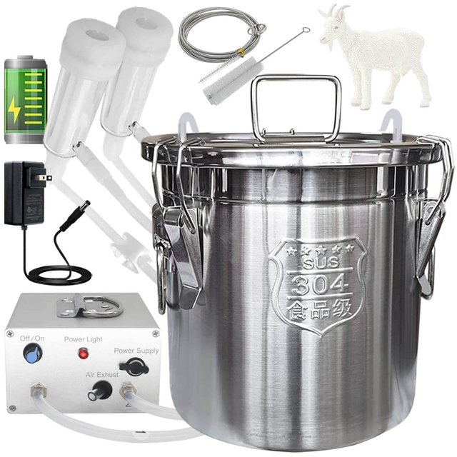 Hantop 12L Goat Milking Machine, featuring a rechargeable battery-powered adjustable pulsating vacuum pump and a 304 stainless steel milk bucket with an auto-stop check valve. The pro model includes a durable aluminum alloy casing for heat dissipation, a built-in lithium battery, and a fully enclosed system to keep milk fresh and impurity-free. Accessories such as milking tubes, cleaning brush, and power adapter are also shown.