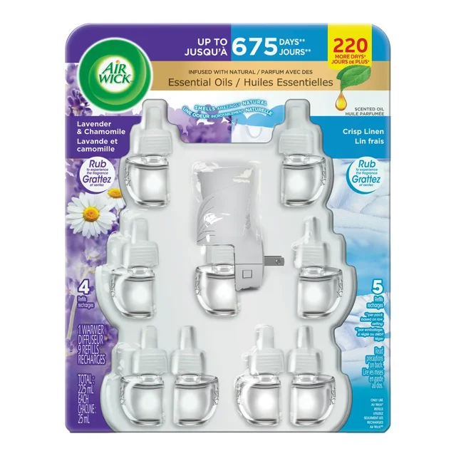 Air Wick Huile Parfumée à Brancher Lavande & Camomille et Lin Frais 1 Réchaud et 9 Recharges