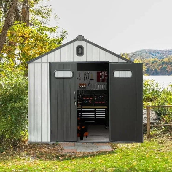 Domi Outdoor Living 8x8 FT Outdoor Resin Storage Shed,Waterproof Plastic Garden Shed with Lockable Doors, Windows & Vents,Large Outdoor Tool Shed for Patio, Lawn Mower, Bikes & Garden
