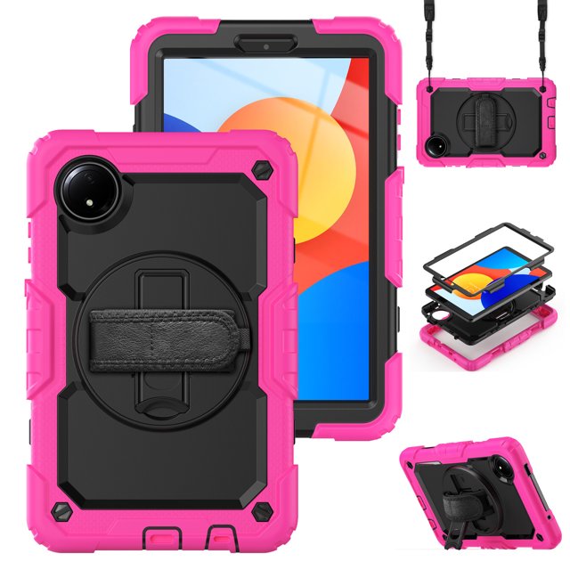 XYX For Xiaomi Redmi Pad SE 8.7 inch 2024, 360 Rotating Shockproof Cover with Stand, Screen Protector, Shoulder Strap, Rose