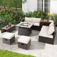 thumbnail image 3 of Patiojoy 9 Pieces Outdoor Patio Furniture Set with 35-Inch Propane Fire Pit Table Outdoor PE Wicker Space-Saving Sectional Sofa Set with Storage Box and Cushions Off White, 3 of 10