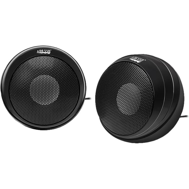 Adesso Xtream S4 USB-Powered Desktop Speaker 5W x 2 with two black round USB speakers featuring mesh grills and the Adesso logo, delivering clear stereo sound for computers, suitable for home, office, and portable use.