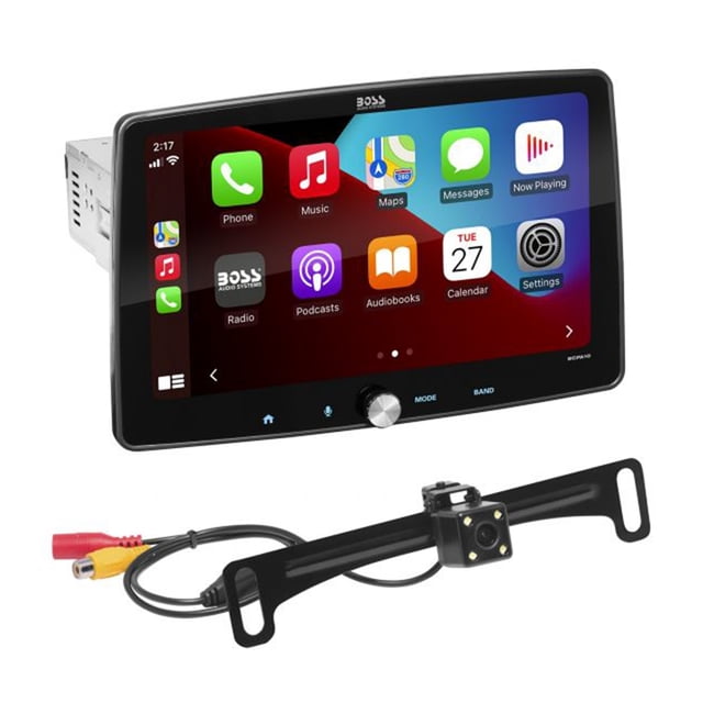 BOSS Audio 10.1 Inch Single Din Bluetooth Multimedia Player and Rear Camera featuring a large capacitive touchscreen with Apple CarPlay and Android Auto compatibility. Includes a weatherproof, wide-angle rear backup camera for enhanced safety. The multimedia player supports hands-free calling, music control via Bluetooth, and features a built-in microphone. It offers 85 watts by 4 max power, a built-in preset EQ, and multi-color illumination for customization. Compatible with various audio and video formats, it also includes a 1.5A USB charger and pre-amp outputs for system expansion.