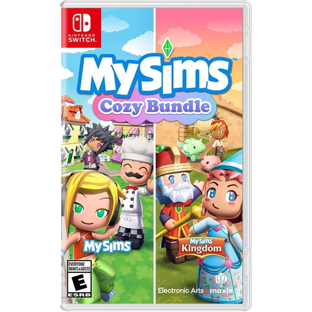 My Sims Ensemble Douillet Nintendo Switch Couverture de Jeu Vidéo Montrant des Personnages de Dessins Animés Colorés de Deux Jeux : un Personnage Blond avec des Écouteurs, un chef et une Figurine à Poil Long dans une Ville Personnalisable à Gauche; un Sorcier, une Princesse et des Créatures Fantastiques dans une kingdom Magique à Droite, Mettant en Valeur des Aventures Créatives et la Résolution de Casse-Têtes.