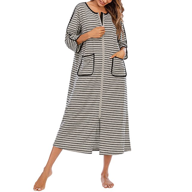 Faithtur Robe de Nuit d'Été pour Femme Grande Taille à Rayures Col Rond Fermeture Éclair Jupe de Sommeil