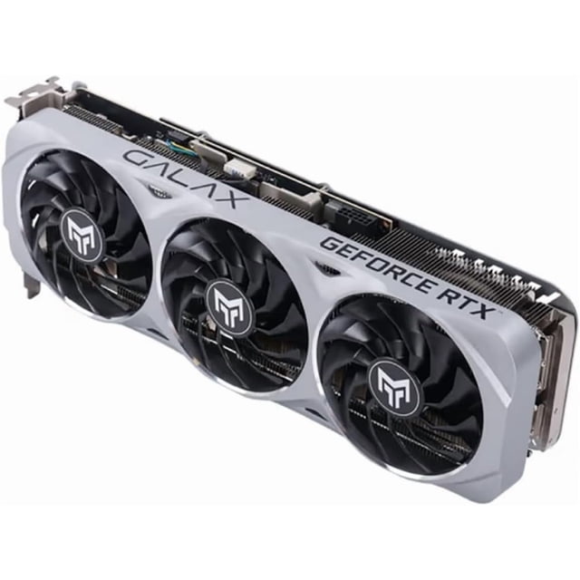 Galax RTX 4070 Super Metal Master OC GDDR6X 12GB Graphics Card centered front-facing view showing metal shroud and triple fans, PCI Express 4.0 x16 bracket and 1 HDMI plus 3 DisplayPort outputs; RTX 4070 SUPER AD104-350, 7168 CUDA cores, 12GB GDDR6X (192-bit). Often suitable for GPU-accelerated 3D rendering and machine learning inference in gaming or creator systems.