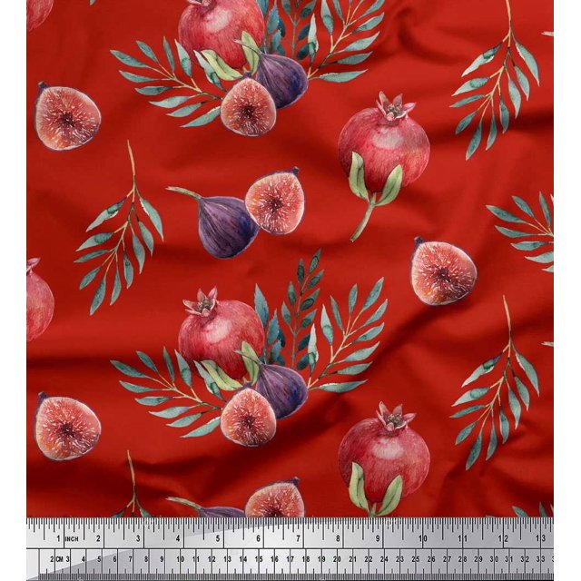 Soimoi Red Rayon Fabric Pomegranate & Fig Fruits Decor Fabric Printed Yard 42 Inch Wide