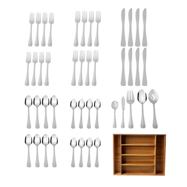 Mainstays Splendent 46 Piece Stainless Steel Flatware Set with Wooden Tray Organizer, Silver Tableware