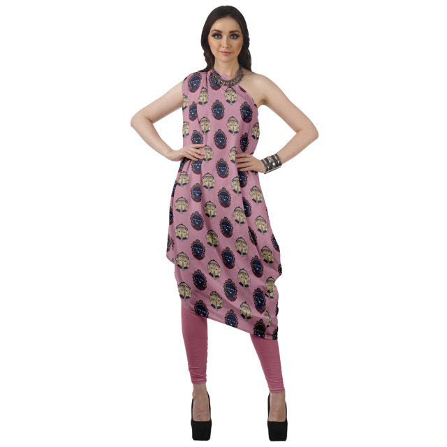 Moomaya Robe Kurti à une Épaule Imprimée pour Femme, Sans Manches, à Col Bénitier, Style Bohème, Tenue de Soirée de Designer