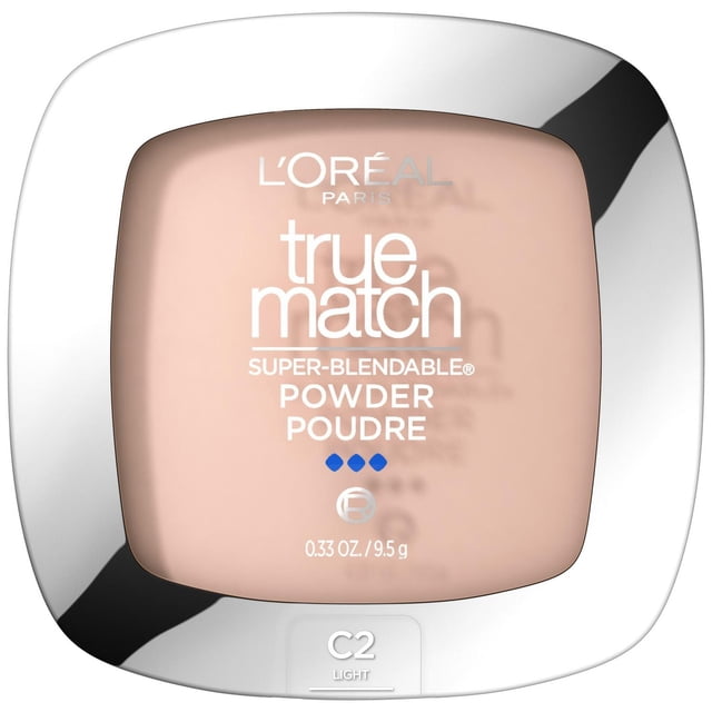 L'Oréal Paris True Match Powder 9.5 g in shade C2 Light, a square compact with rounded edges and reflective silver frame showing beige powder through a clear window, designed for super-blendable, buildable coverage that evens skin tone.