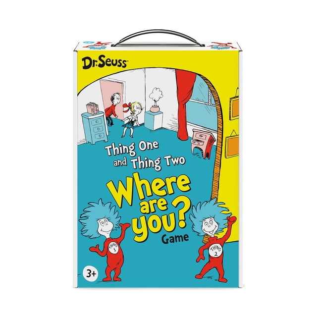 Funko Games DR. SEUSS THING ONE AND THING TWO WHERE ARE YOU? GAME box featuring Thing One and Thing Two characters in red suits with blue hair on a yellow and blue background with a cartoon room illustration, a hide-and-seek style board game for 2 or more players aged 3 and up involving flipping tiles and searching for the characters.
