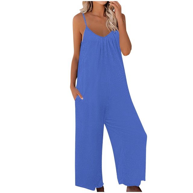 RKSTN Jumpsuits for Women 2024 V Neck Sleeveless Jumpsuits Spaghetti Straps Solid Color Loose Plus Size Long Pants Rompers with Pockets