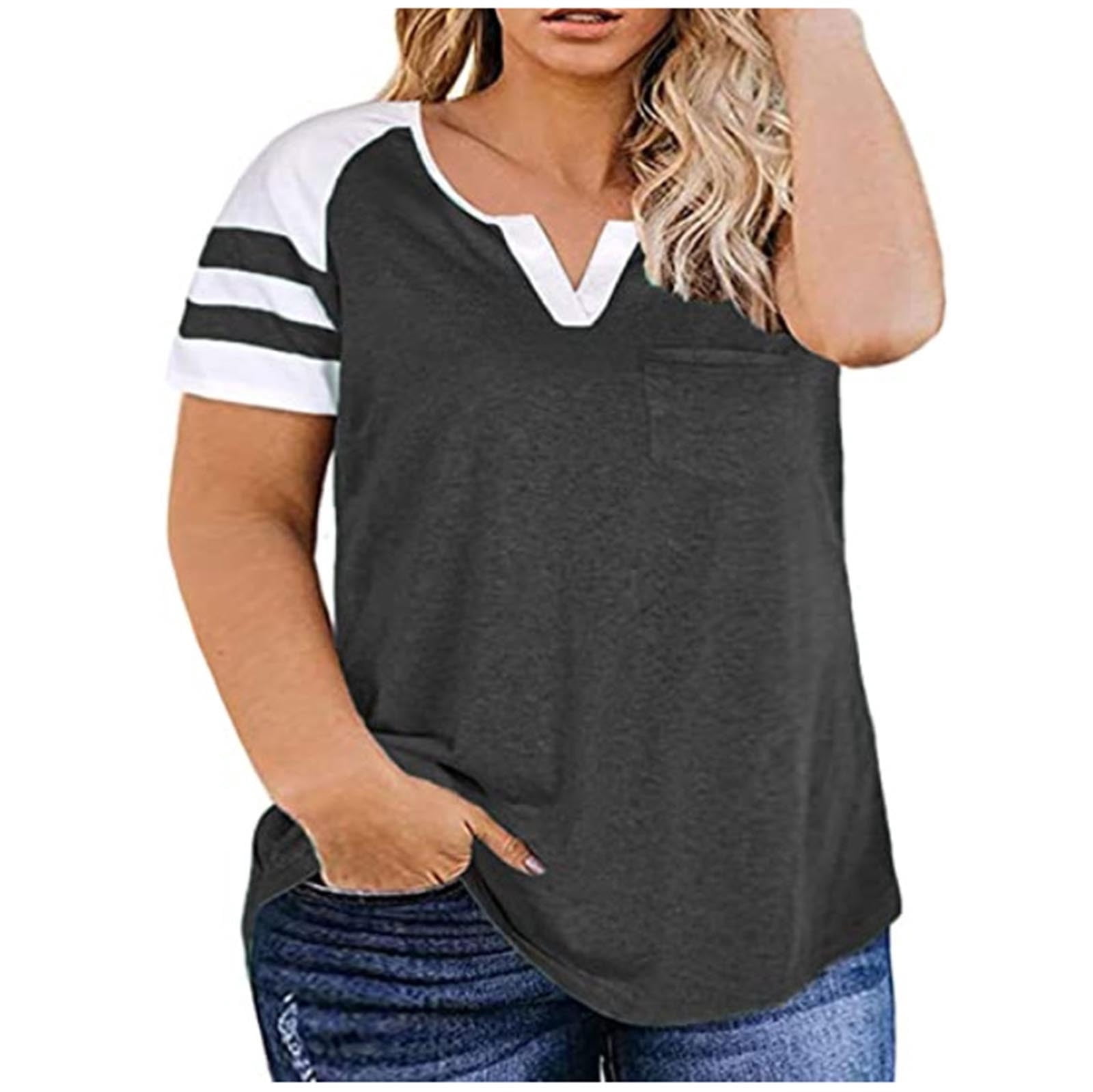 Summer Plus Size Summer Tops for Women Trendy Women‘s Plus-Size Tops For Women Summer V Neck T Shirts Color Block Raglan Tees V Neck Tshirt Women on Clearance