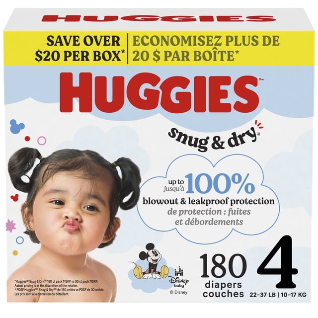 Huggies Snug & Dry Baby Diapers Size 4 (22-37 lbs), 180 Count box with Disney baby Mickey Mouse design, featuring up to 100% leak and blowout protection, CloudSoft absorbent layers, stretchy fit, and fragrance-free formula, bilingual English and French text.