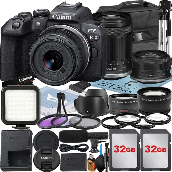 Canon EOS R10 Appareil Photo Sans Miroir avec Objectif RF-S 18-45mm + 18-150mm + Lot de 2 Cartes Mémoire 32 Go + Étui + Accessoire ZeeTech