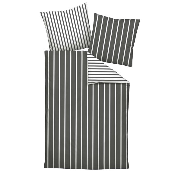 Janine Ensemble de Literie 2 Pcs - Classiques Modernes, maco-satin, Coton Mercerisé, Réversible, Rayures Blanc/gris 135x200 cm