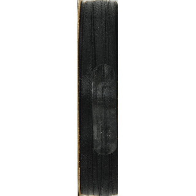 SOR BLK 1/8 SATIN black satin fabric ribbon spool by BARTIM, tightly wound with a smooth, slightly shiny texture, ideal for fabric crafting, apparel crafting, and decorative projects.