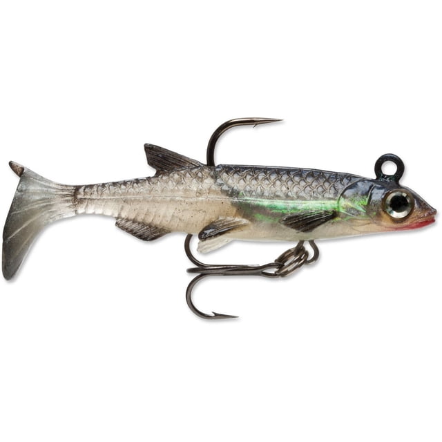 Storm Wildeye Live Minnow, 3" fishing lure with a translucent soft body featuring natural grey and green color patterns, detailed scale texture, 3D holographic WildEye, and two metal hooks for life-like swimming action, designed for terminal tackle fishing.