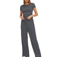 thumbnail image 4 of Birdeem Ensemble 2 Pcs Femme Mode Col Rond Uni Blouse à Manches Courtes + Pantalon Long Taille Élastique, 4 of 12