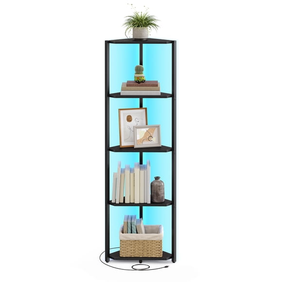 SONGMICS HOME 5-Tier Corner Shelf, Bookcase with Adjustable LED Lights, Storage Shelf with Steel Frame, 9.8 x 18.9 x 57.7 Inches, for Living Room, Bedroom, Study, Ebony Black