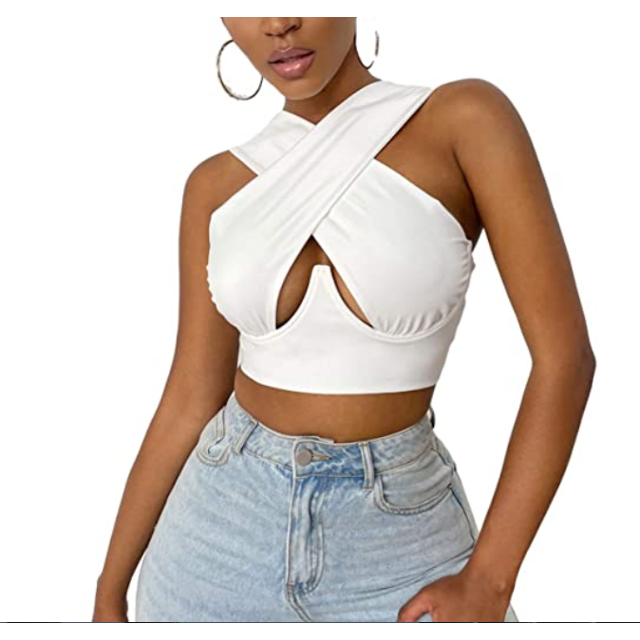 Honganda Débardeurs Croisés pour Femmes, Crop Top Sans Manches Couleur Unie