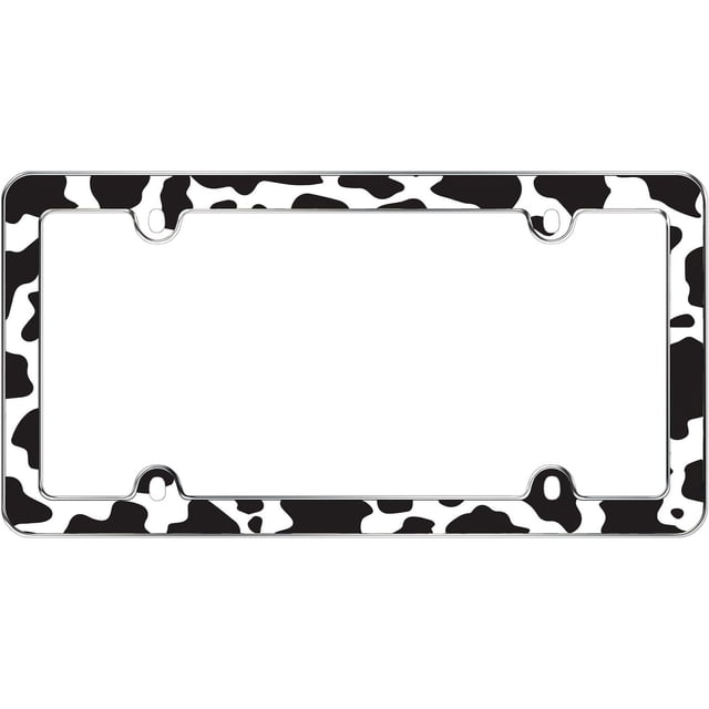 Cruiser Accessories Cow Print License Plate Frames with black and white Holstein pattern, die-cast zinc metal frame with chrome plating, unbreakable UV stabilized polycarbonate insert, fits 6 by 12 inch plates without blocking registration, ideal for playful exterior car decoration.