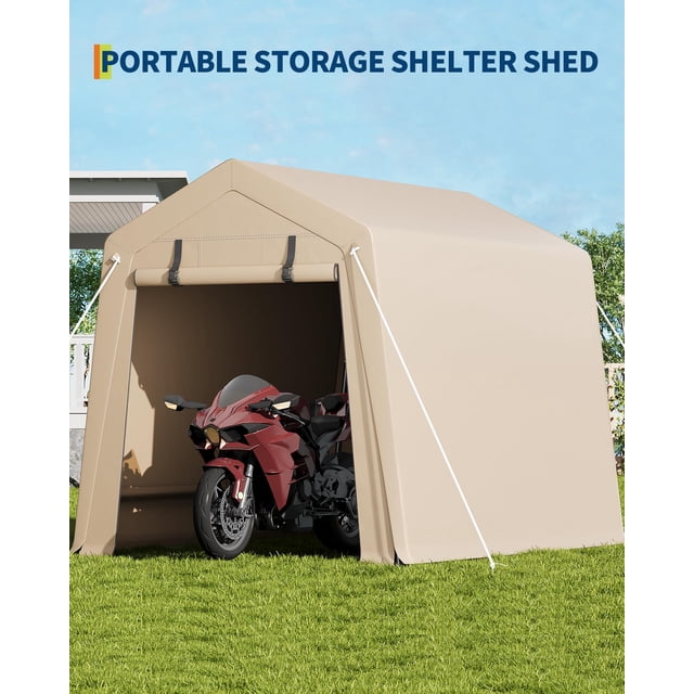 GloryStar Remise de Rangement Extérieure Portable 6x6x7 Pi avec une Housse PE Imperméable Robuste en Ton beige. la Remise Présente une Porte à Glissière Enroulable et une Évent en Maille à Double Couche pour la Circulation d'Air. une Motocyclette Rouge Est Stationnée à l'Intérieur, Mettant en Valeur Son Usage comme garage à Vélos. la structure Est Soutenue par des Poteaux en Acier Galvanisé et Sécurisée avec des Chevilles de Sol de Type L, Conçue pour Résister aux conditions Météorologiques Difficiles. la Remise