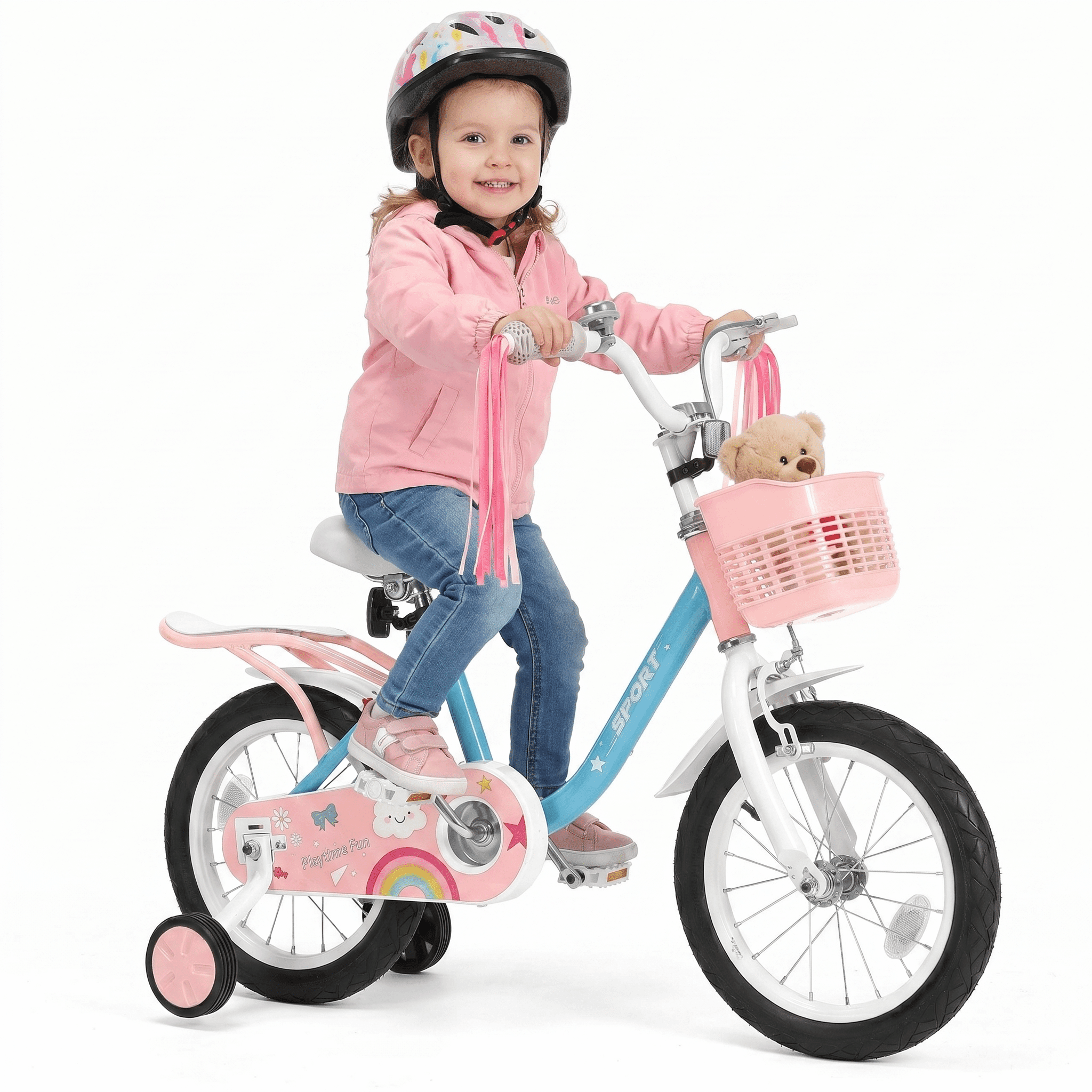 Naipo 14inch Kids Bike for 3-6 Years Old Kids with Training Wheels, Girls Bicycle with Streamers, Basket, Rear Seat, Dual Hand Brakes, Princess Bicycle Toddler Bike Height 27-42 Inches, Pink Blue