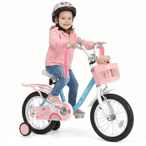 Naipo 14inch Enfants Vélo pour 3-6 ans Vieux enfants avec roues d'entraînement, Filles Vélo avec Streamers, Panier, Siège arrière, Doubles freins à main, Princess Bicycle Toddler Bike Hauteur 27-42 pouces, Rose Bleu
