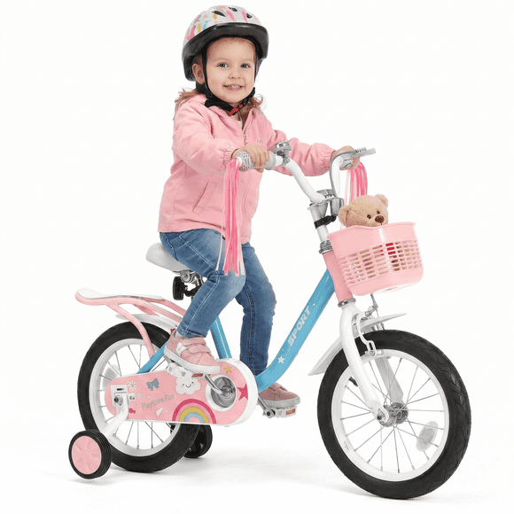 Naipo 14inch Kids Bike for 3-6 Years Old Kids with Training Wheels, Girls Bicycle with Streamers, Basket, Rear Seat, Dual Hand Brakes, Princess Bicycle Toddler Bike Height 27-42 Inches, Pink Blue