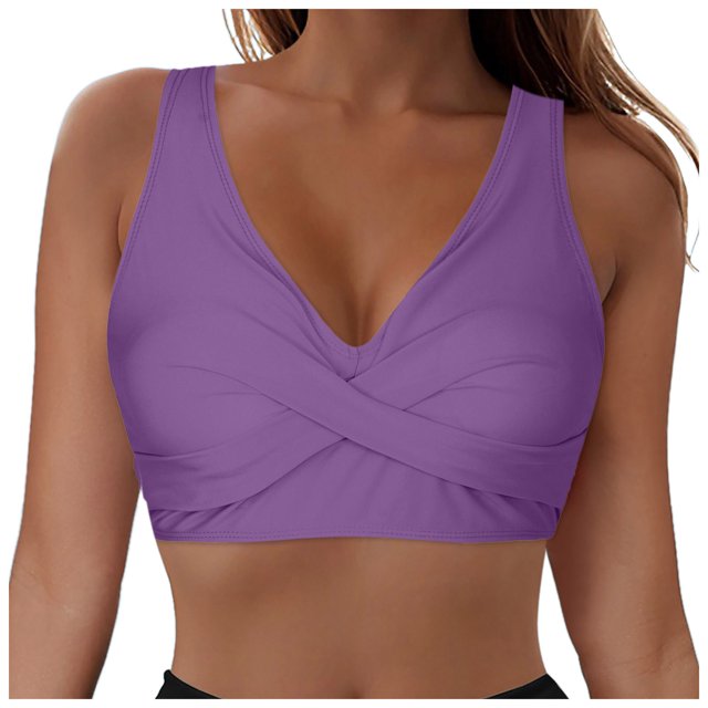 Huesdet Haut de Bikini pour Femmes Bretelles Spaghetti Réglables Haut de Maillot de Bain Col Rond Rembourré (Violet, P)