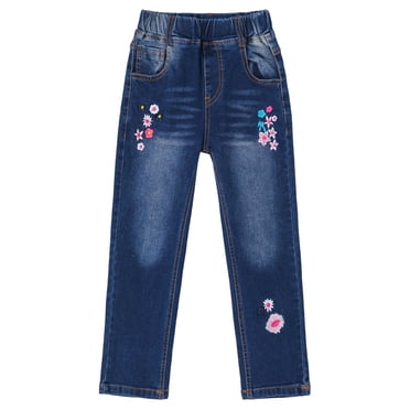 KIDSCOOL SPACE Little Girl Daily Embroidered Denim Pants,6-7 Years