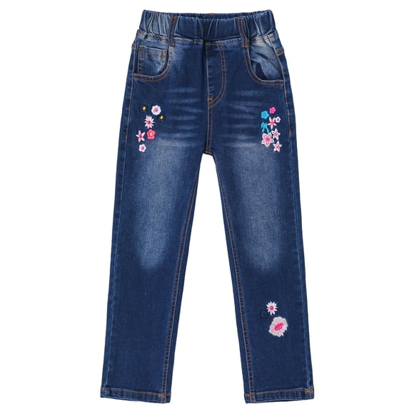 KIDSCOOL SPACE Little Girl Daily Embroidered Denim Pants,6-7 Years