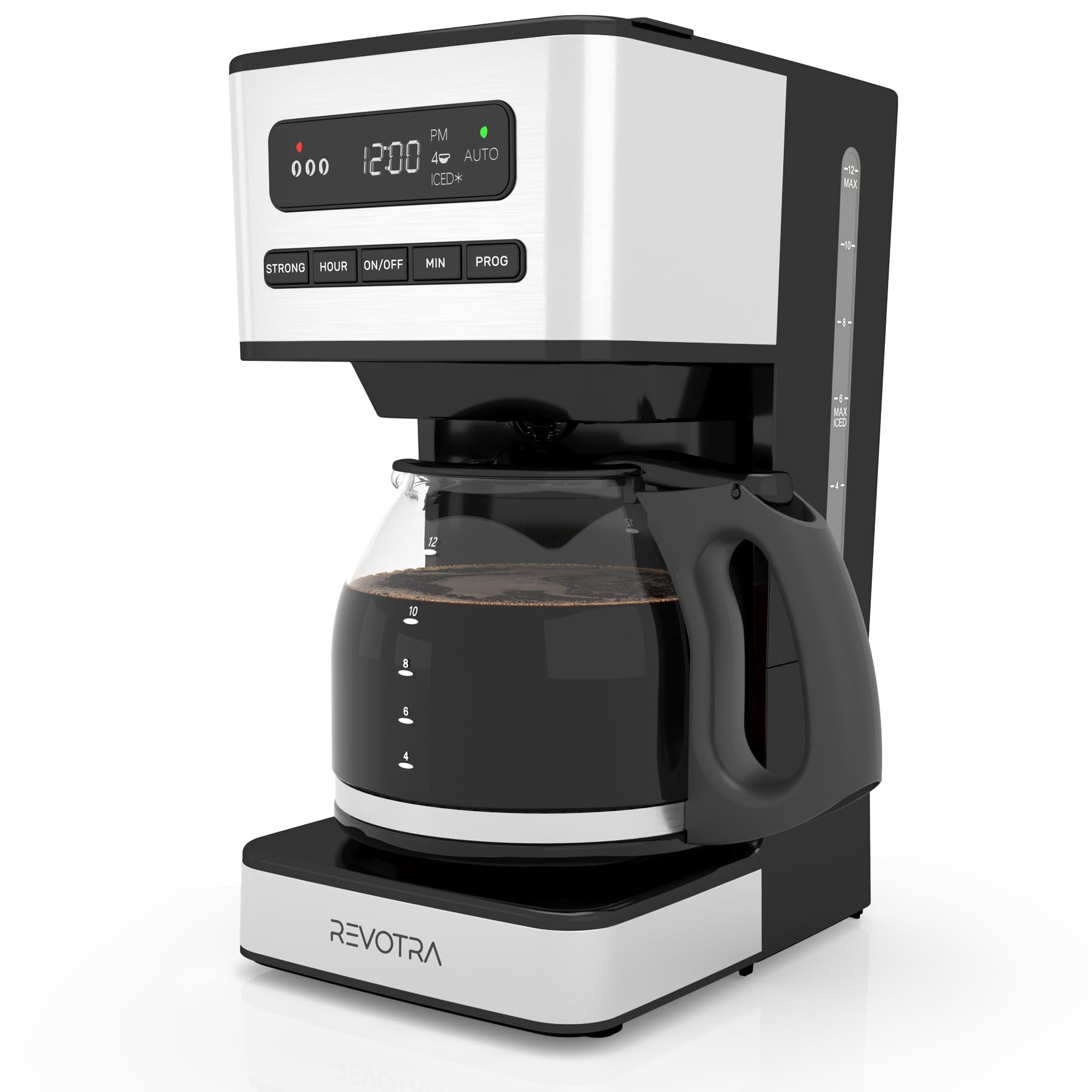 REVOTRA 12-Cup Programmable Coffee Maker, Regular & Strong Brew Drip Coffee Machine, 1-4 Cup and Ice Coffee Setting, 24H Timer, Auto Shut-Off, Keep Warm,