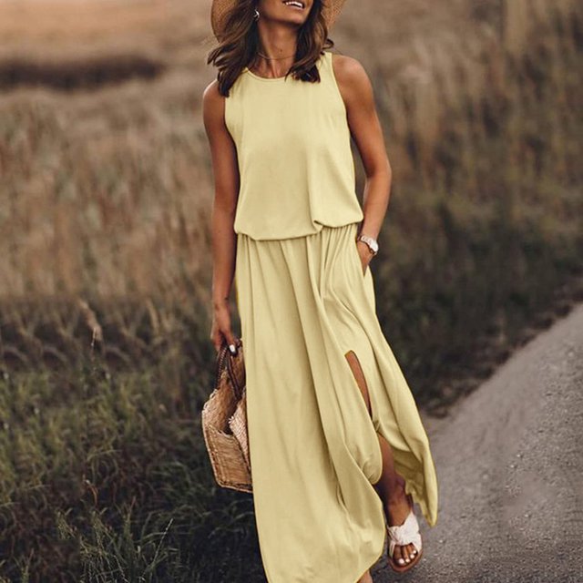 MesaSe Robe Décontractée pour Femmes Robe d'Été pour Femmes Robe Maxi Sans Manches Col Ouvert Couleur Unie Vêtements pour Femmes