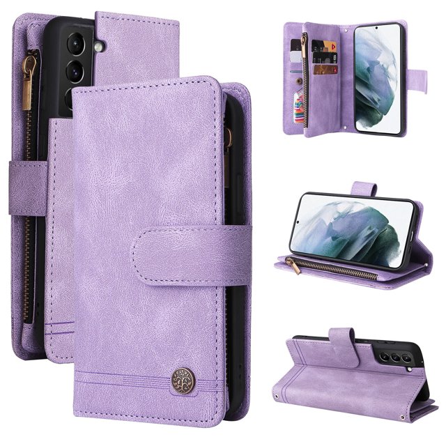 Case for Samsung Galaxy S21 5G in purple, designed as a protective phone cover with a multifunctional wallet. Features include a zipper pocket, 9 card slots, magnetic flip closure, and a stand function for horizontal viewing. Made from premium PU leather with full-frame protection and shockproof design.