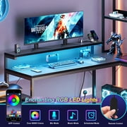 GUNAITO L Shaped Gaming Desk with CPU Stand, 71 Inch Corner Computer Desk, Reversible Office Desk with File Drawers, 3-Tier Shelf, Black Carbon Fiber