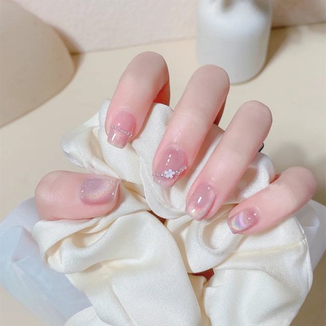 HLONK 24Pcs Gel Press on Nails Gel French Long Fake Nails Press on Tips With Glue Rhinstone with Butterfly NO.13