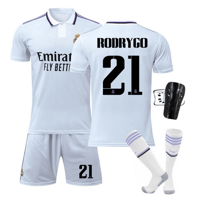 Ensemble de Maillots de Soccer pour Hommes 2022 avec Motif 21# RODRYGO, Comprend Chandail à Manches Courtes d'Été, shorts, Chaussettes et Protège-Tibias. Fabriqué avec la Technologie Dri-FIT pour Évacuer la Transpiration et Tissu Respirant pour la Respirabilité. design Réplique Inspiré des Uniformes de Soccer Professionnels. Coupe Standard pour un Confort Décontracté, Vêtements de Soccer Idéaux pour les sports d'Équipe.