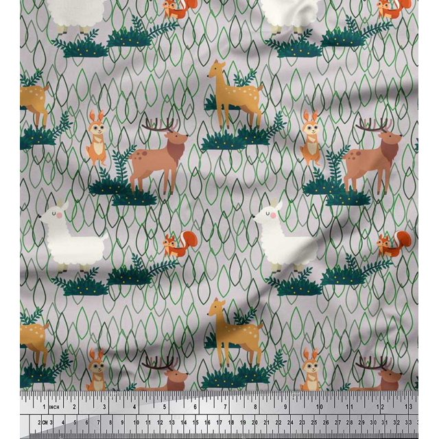 Soimoi Cotton Poplin Fabric Rabbit,Sheep & Deer Kids Print Fabric by The Yard 56 Inch Wide