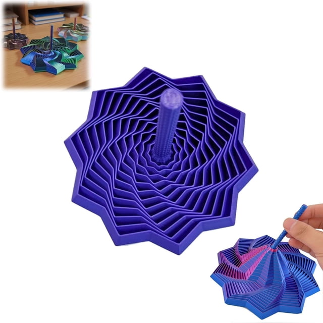 Stress And Release Puzzle Toy Sensory Expansion Star 3D Printed Decagonal Radish Tower With Handle. The toy features a purple, decagonal spiral design made with 3D printing, offering a smooth and durable finish. It includes a central handle for portability and removable radish-shaped plugs for sensory stimulation and stress relief. A close-up highlights the intricate layers, while an inset image shows its push-pull functionality in action. Ideal for motor skill development and sensory engagement.