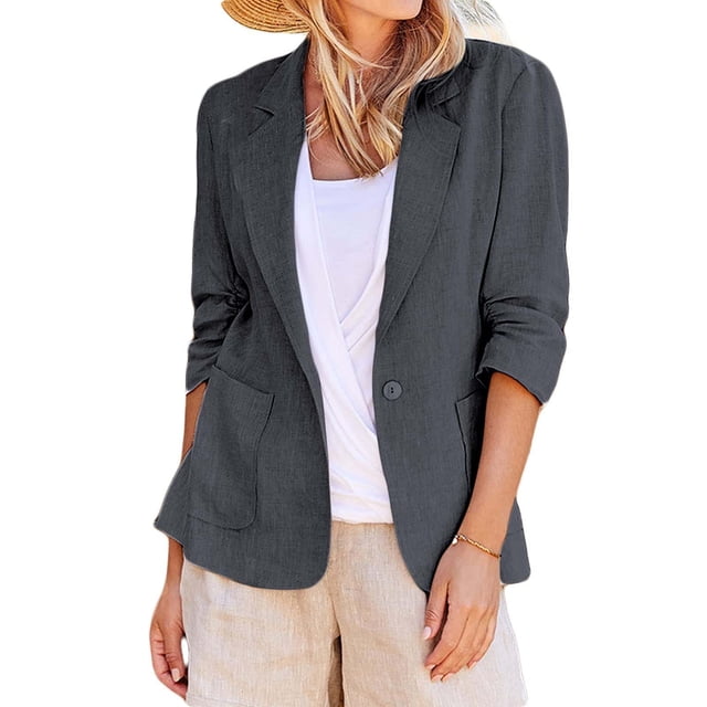 IMENGL Linen Casual 3/4 Stretchy Ruched Sleeve Lightweight Work Office Jacket, Gray 4XL, Size M-5XL