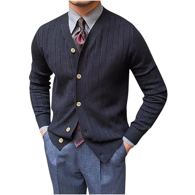 Lovzfmll Men's Knit Cardigan V-Neck Jacquard Pattern Open Front Black, M